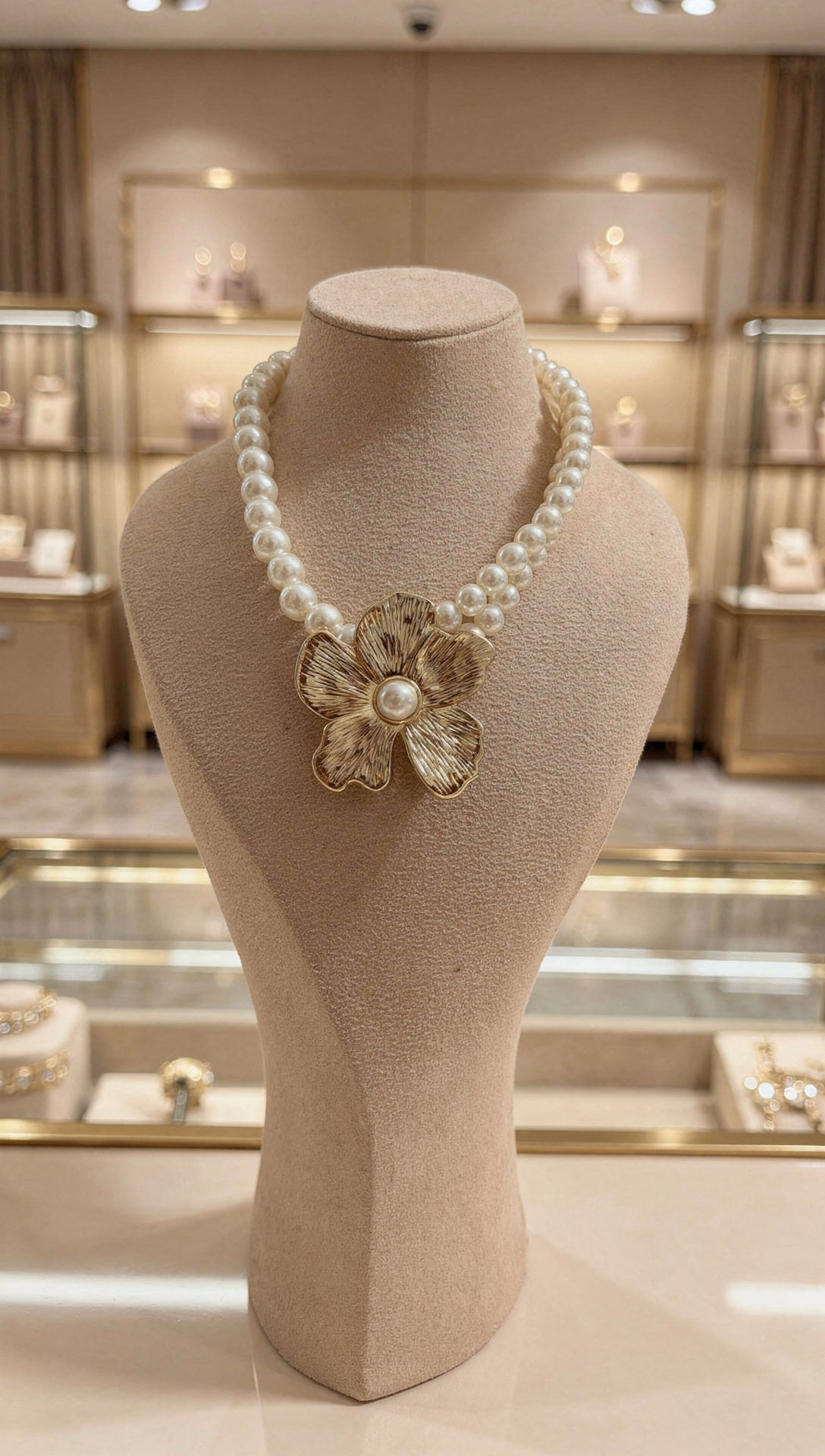 İncili Altın Renk Çiçek Kolye